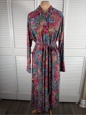 REBDOLLS 1X Pink Paisley Leopard Print Maxi Shirt Dress Belted Stretch